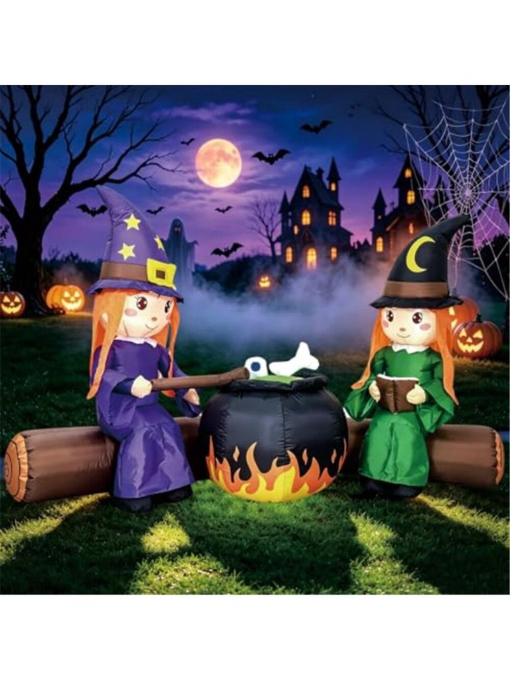 6FT Halloween Inflatable Blow Up Decorations, Cute Witches with Cauldron Over